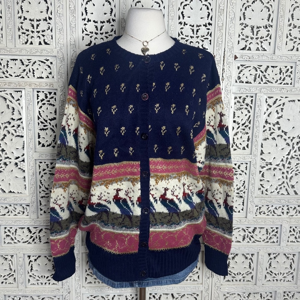 Vintage‎ Import Workshop Colorful Grannycore Cottage Pheasant Bird Cardigan Sz L